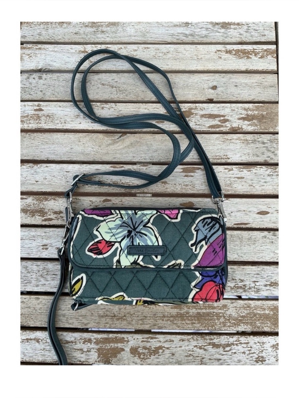 Vera Bradley Quilted Floral Crossbody in Dark Green with Multi-Color Blooms